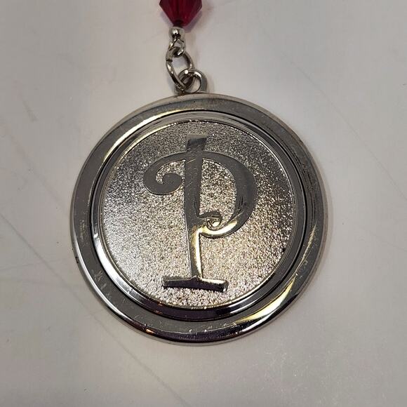 Initial Letter P Round Keychain Charm Silver Tone Red Crystal Beads Chunky - Picture 2 of 5